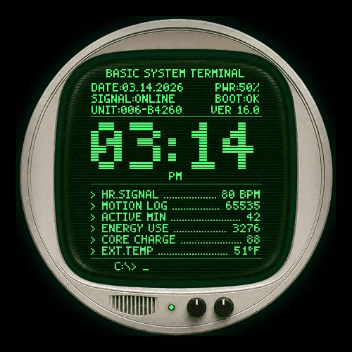 Warm Boot Terminal retro CRT Garmin watch face with green diagnostic display