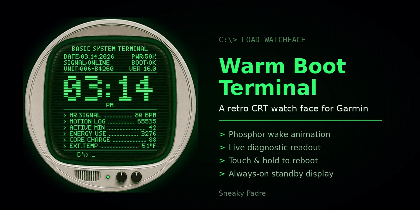 Warm Boot Terminal retro CRT Garmin watch face with green diagnostic display